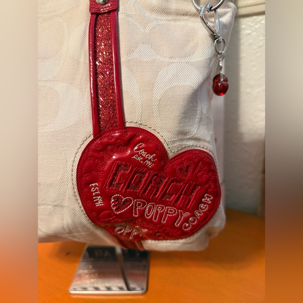 Coach Cream Tote with Red Heart Accents and Straps - Picture 3 of 15